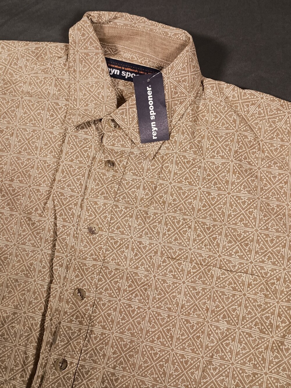 Reyn Spooner Geometric Hawaiian Brown Pocket Linen Blend Beach Men's M Shirt NEW